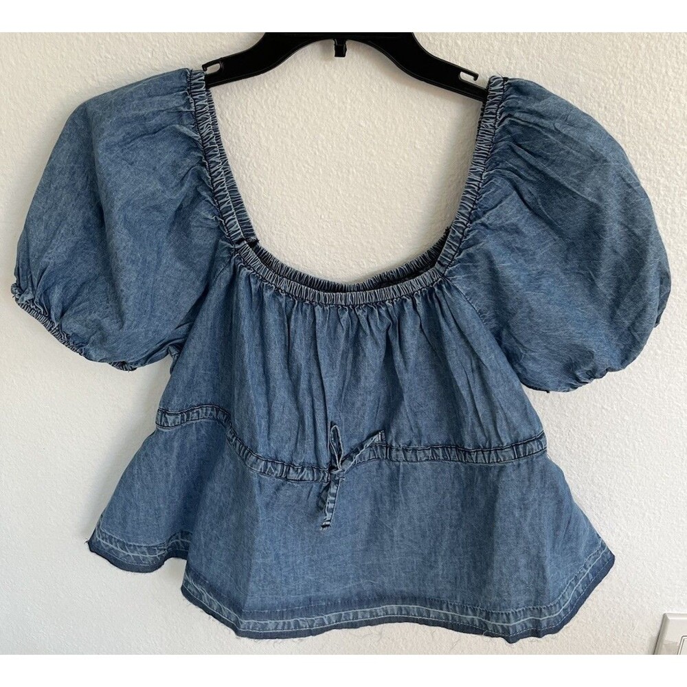 Planet Heart Womens Twilight Wash Denim Peasant Blouse Sz Large Blue Cottagecore